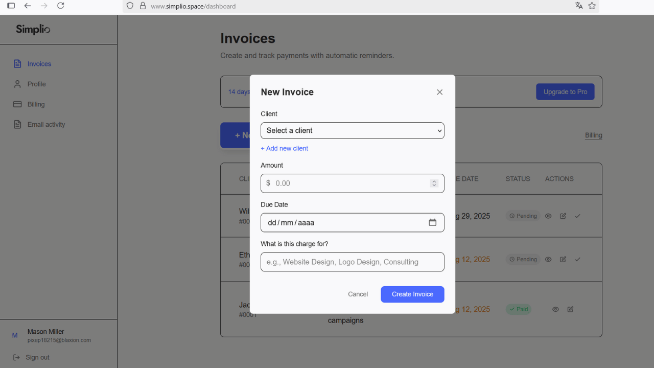 New Invoice form with four fields and a single CTA