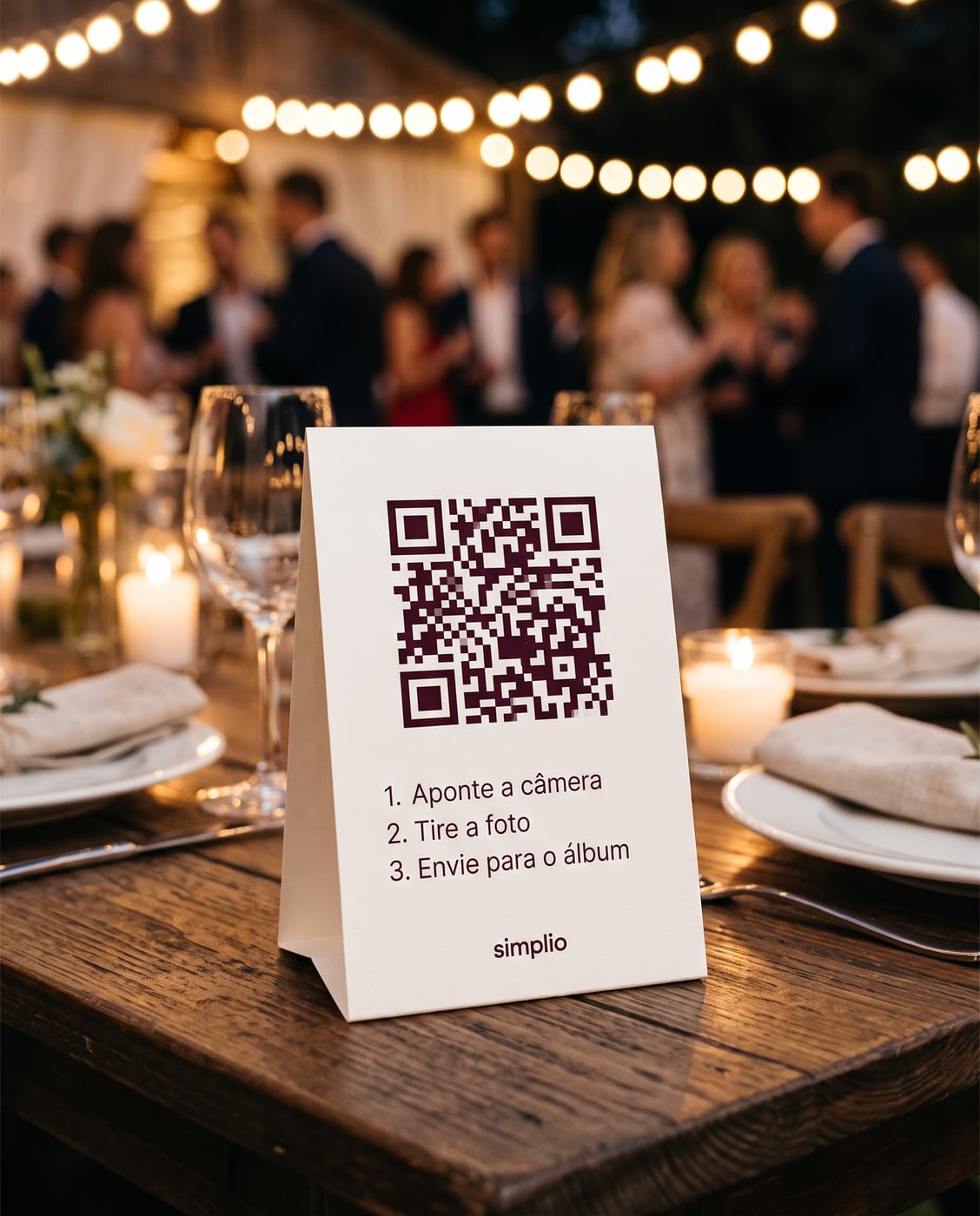 Table tent with a QR code and short steps for guests at a wedding reception.